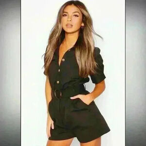 Boohoo utility romper in black  puff sleeve petite size 8